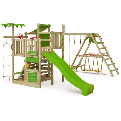 FATMOOSE Aire de jeux Portique bois CrazyCoconut avec balançoire SurfSwing et toboggan vert pomme Échafaudage grimpant avec bac à sable, mur d'escalade & accessoires de jeux
