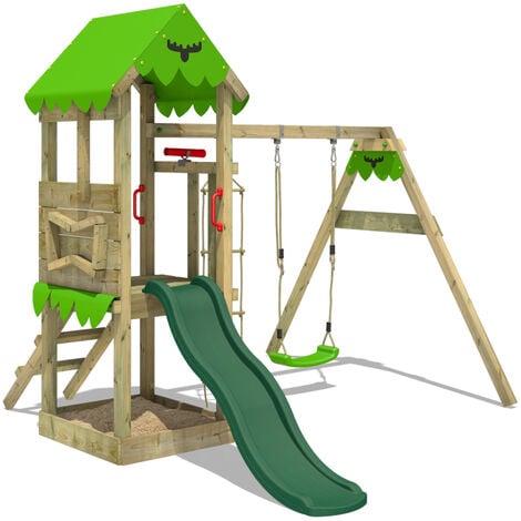 FATMOOSE Aire de jeux Portique bois FriendlyFrenzy avec balançoire et toboggan Maison enfant exterieur avec bac à sable, échelle d'escalade & accessoires de jeux – vert