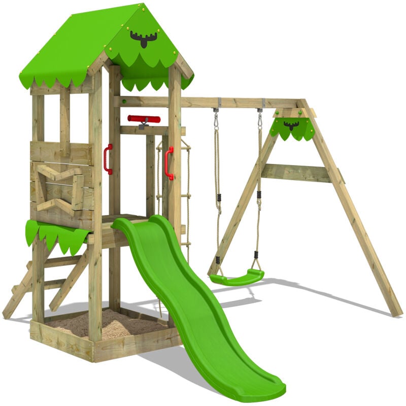 Aire de jeux Portique bois FriendlyFrenzy avec balançoire et toboggan Maison enfant exterieur avec bac à sable, échelle d'escalade & accessoires de