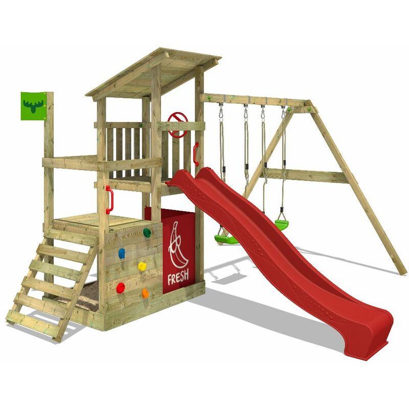 FATMOOSE Aire de jeux Portique bois FruityForest avec balançoire et toboggan rouge Maison enfant exterieur avec bac à sable, échelle d'escalade &