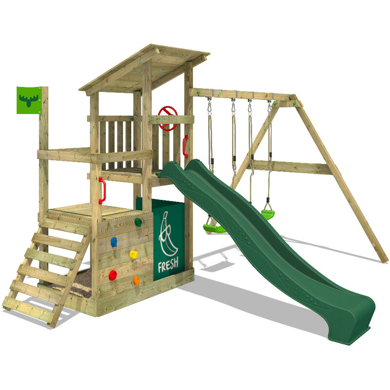 Fatmoose - Aire de jeux Portique bois FruityForest avec balançoire et toboggan vert Maison enfant exterieur avec bac à sable