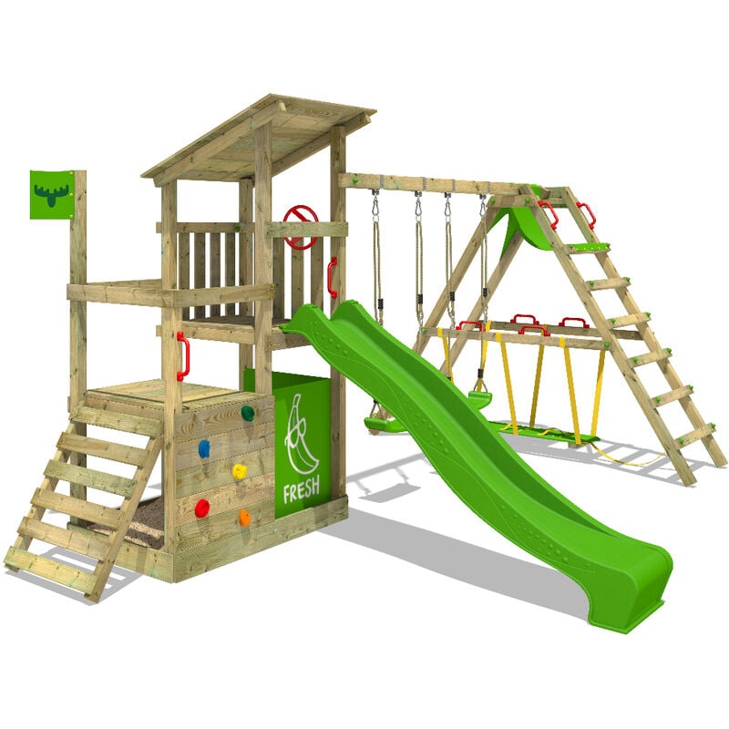 Aire de jeux Portique bois FruityForest avec balançoire SurfSwing et toboggan Maison enfant exterieur avec bac à sable, échelle d'escalade &