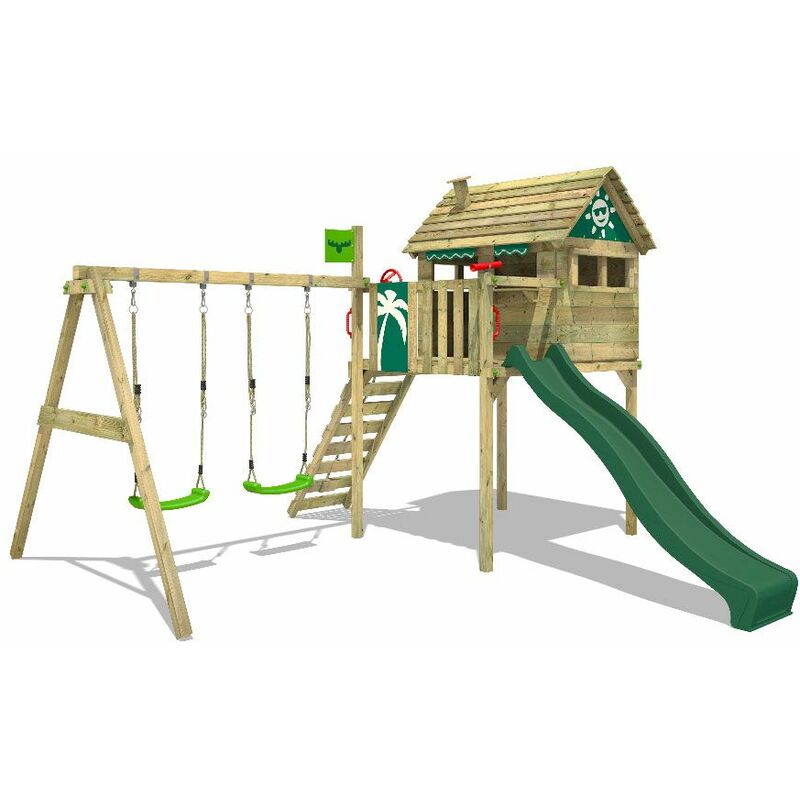 Aire de jeux Portique bois FunFactory avec balançoire et toboggan vert Maison enfant sur pilotis avec échelle d'escalade & accessoires de jeux