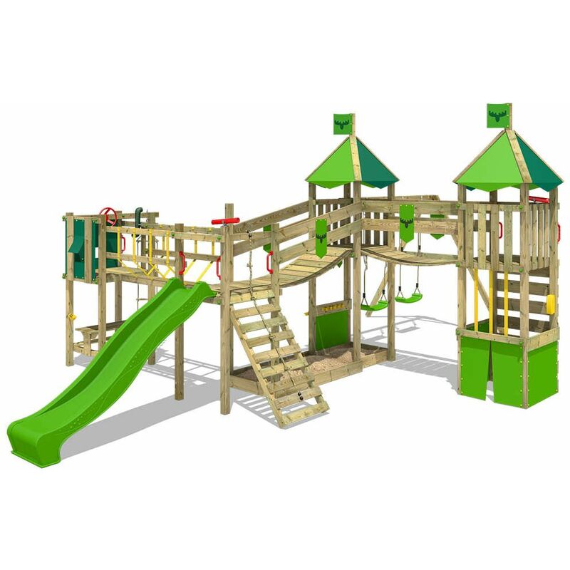 Fatmoose - Aire de jeux Portique bois FunnyFortress avec balançoire et toboggan vert pomme Maison enfant exterieur avec bac à sable, échelle