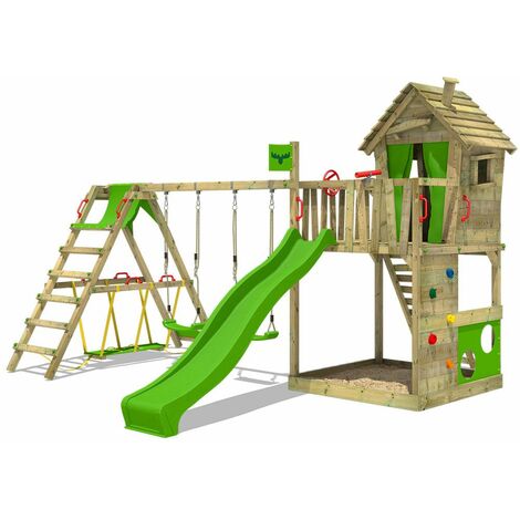 FATMOOSE Aire de jeux Portique bois HappyHome avec balançoire SurfSwing et toboggan Maison enfant exterieur avec bac à sable, échelle d'escalade & accessoires de jeux