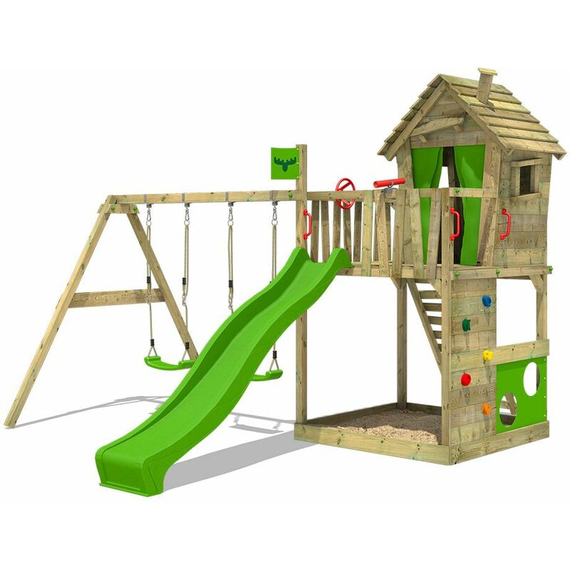 Aire de jeux Portique bois HappyHome avec balançoire et toboggan Maison enfant exterieur avec bac à sable, échelle d'escalade & accessoires de jeux