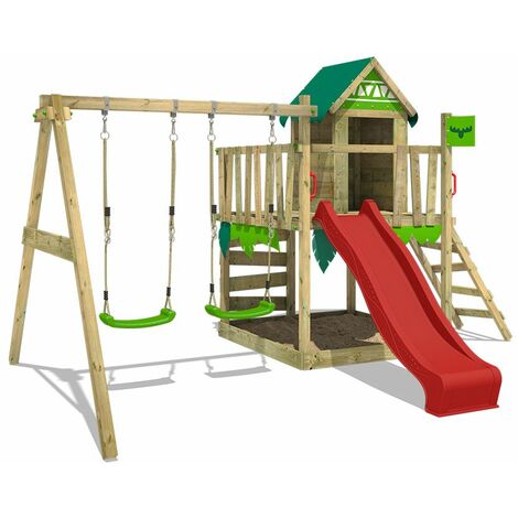 FATMOOSE Aire de jeux Portique bois JazzyJungle avec balançoire et toboggan Maison enfant exterieur avec bac à sable, échelle d'escalade & accessoires de jeux