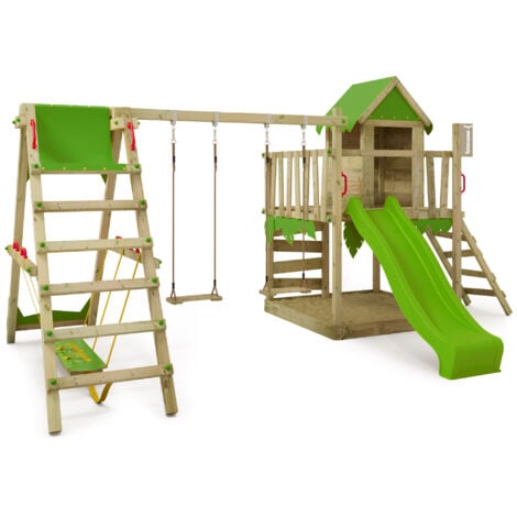 FATMOOSE Aire de jeux Portique bois JazzyJungle avec balançoire SurfSwing et toboggan Maison enfant exterieur avec bac à sable, échelle d'escalade & accessoires de jeux - pommevert