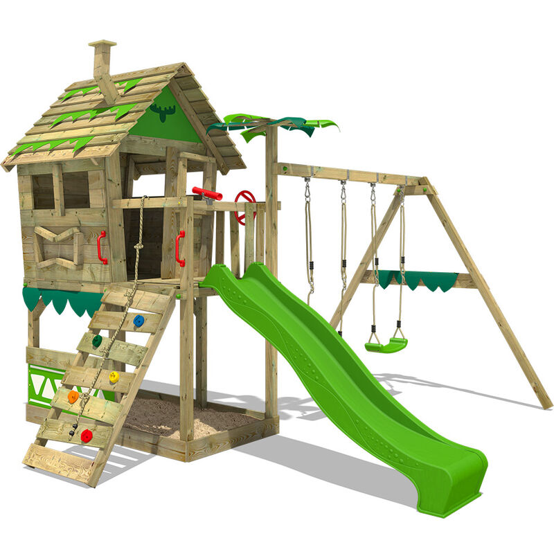 Fatmoose - Aire de jeux Portique bois JungleJumbo avec balançoire et toboggan vert pomme Maison enfant exterieur avec bac à sable