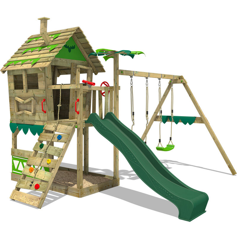 Fatmoose - Aire de jeux Portique bois JungleJumbo avec balançoire et toboggan vert pomme Maison enfant exterieur avec bac à sable