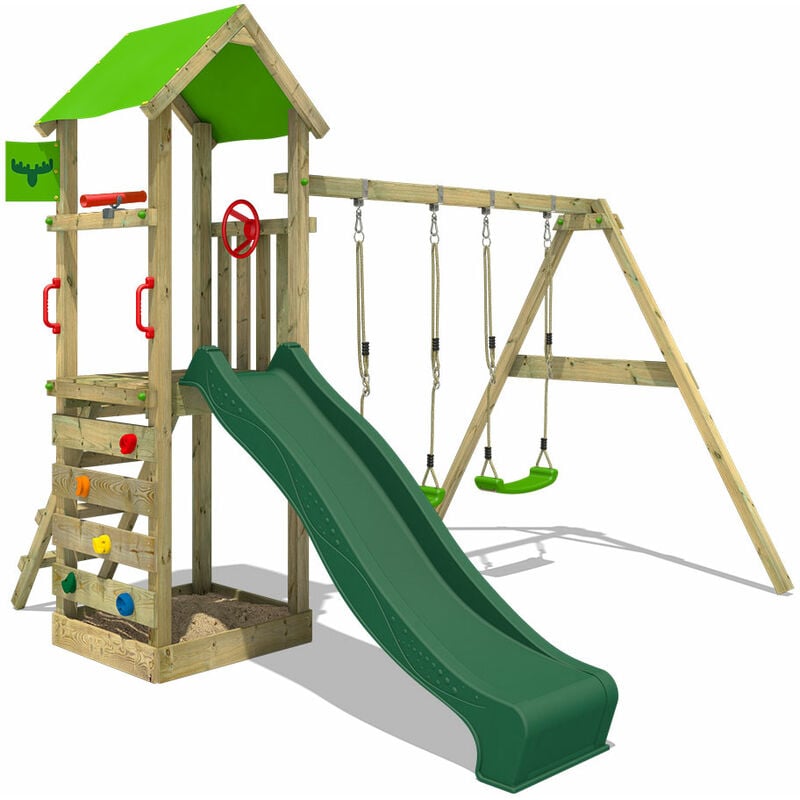 Aire de jeux KiwiKey avec balançoire & toboggan, tour à grimper avec bac à sable, échelle & accessoires de jeu – vert - vert - Fatmoose