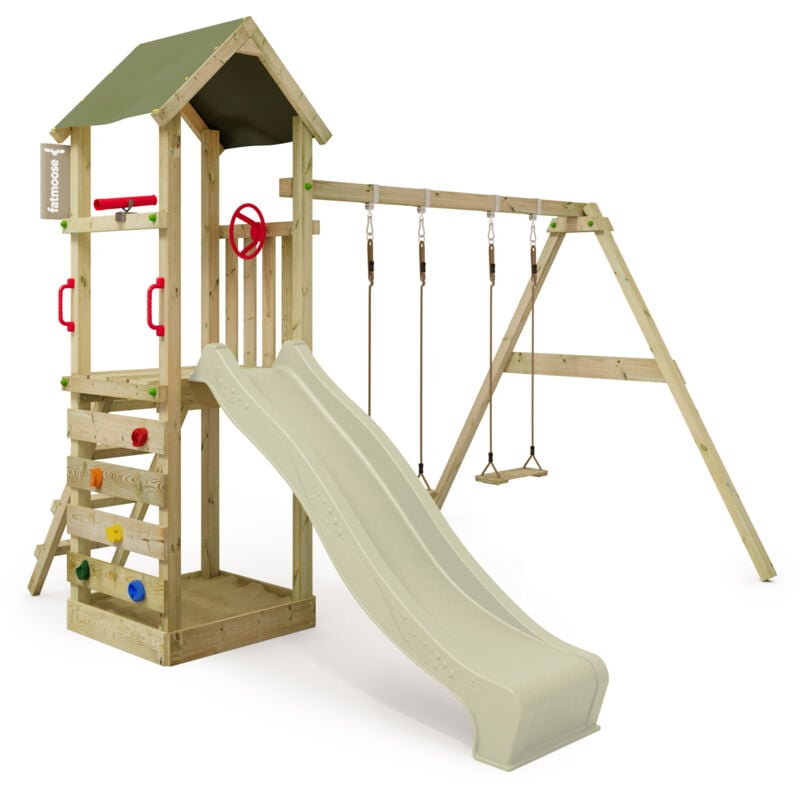 Tour de jeux Portique d'escalade KiwiKey avec balançoire et toboggan, tour d'escalade avec bac à sable, Échelle & accessoires de jeu – vert sauge