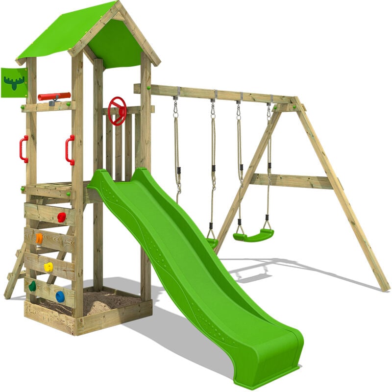 Fatmoose - Aire de jeux KiwiKey avec balançoire & toboggan, tour à grimper avec bac à sable, échelle & accessoires de jeu - vert pomme - vert pomme