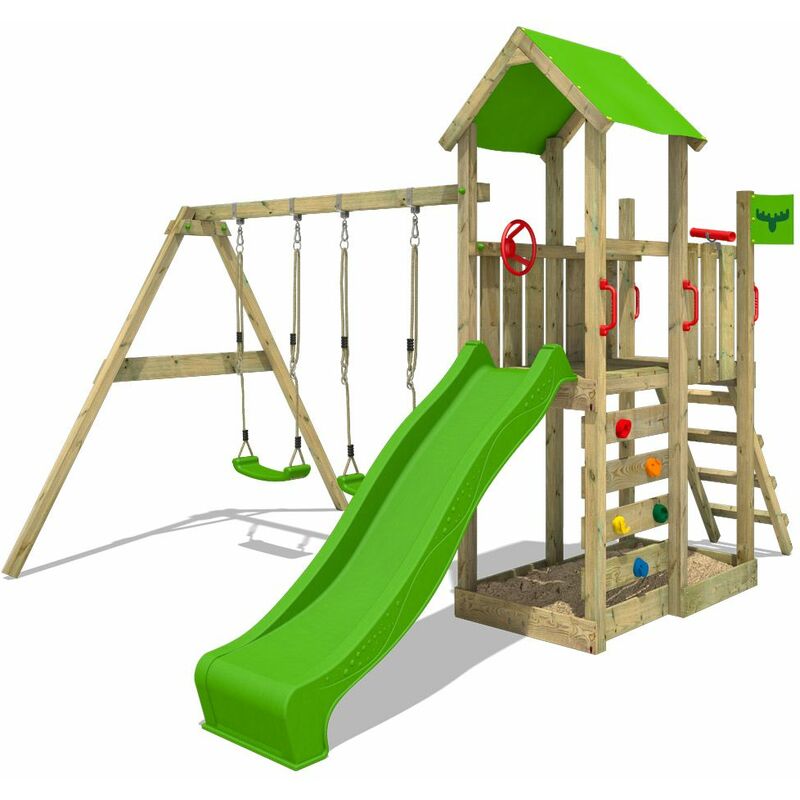 Aire de jeux Portique bois MagicMango avec balançoire et toboggan vert pomme Maison enfant exterieur avec bac à sable, échelle d'escalade &