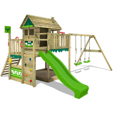 FATMOOSE Aire de jeux Portique bois MightyMansion avec balançoire et toboggan Maison enfant exterieur avec bac à sable - vert pomme