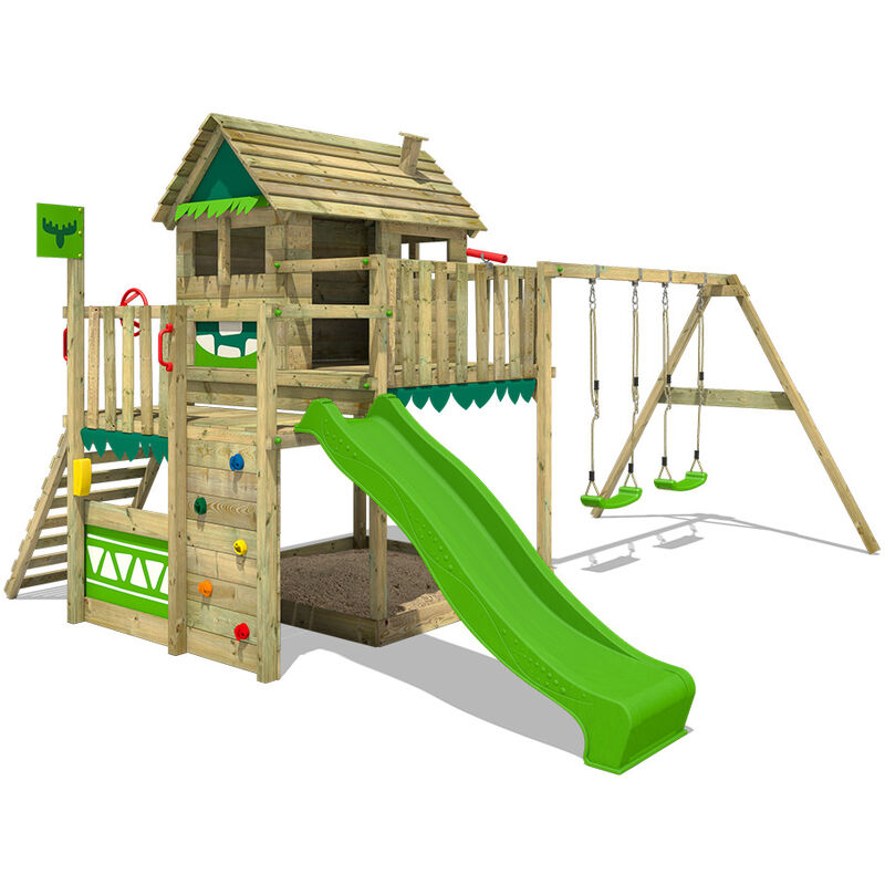 Fatmoose - Aire de jeux Portique bois MightyMansion avec balançoire et toboggan vert pomme Maison enfant exterieur avec bac à sable