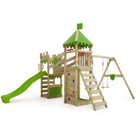 FATMOOSE Aire de jeux Portique bois RiverRun avec balançoire et toboggan Maison enfant exterieur avec bac à sable, échelle d'escalade & accessoires de jeux - pommevert