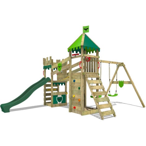 FATMOOSE Aire de jeux Portique bois RiverRun avec balançoire et toboggan Maison enfant exterieur avec bac à sable, échelle d'escalade & accessoires de jeux