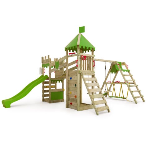 FATMOOSE Aire de jeux Portique bois RiverRun avec balançoire SurfSwing et toboggan Maison enfant exterieur avec bac à sable, échelle d'escalade & accessoires de jeux - pommevert