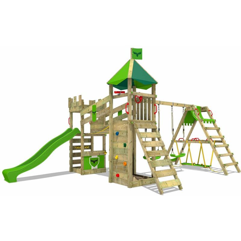 Aire de jeux Portique bois RiverRun avec balançoire SurfSwing et toboggan Maison enfant exterieur avec bac à sable, échelle d'escalade & accessoires