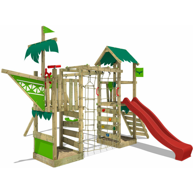 Aire de jeux Portique bois WaterWorld avec balançoire et toboggan rouge Maison enfant exterieur avec bac à sable, échelle d'escalade & accessoires de
