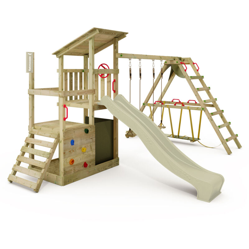 Fatmoose Fruityforest Fun Wooden Play Tower With Surf Extension And Slide In Sage Green
