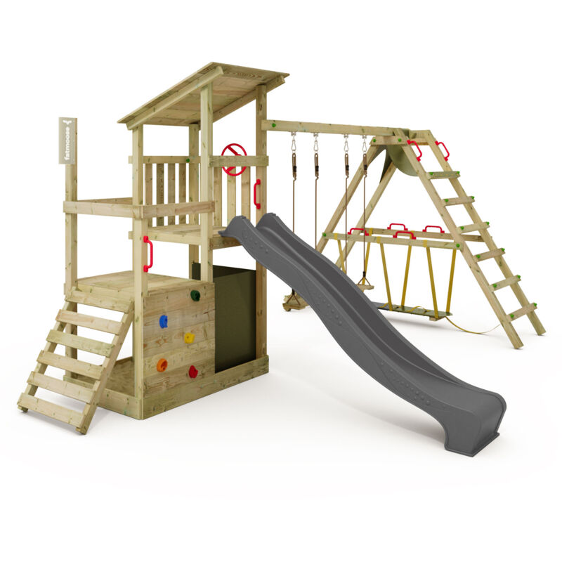 Fatmoose Fruityforest Fun Wooden Play Tower With Surf Extension And Slide In Anthracite