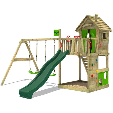 FATMOOSE Parco giochi in legno HappyHome Giochi da giardino con altalena SurfSwing e scivolo Casetta da gioco per l'arrampicata con sabbiera e scala di risalita per bambini