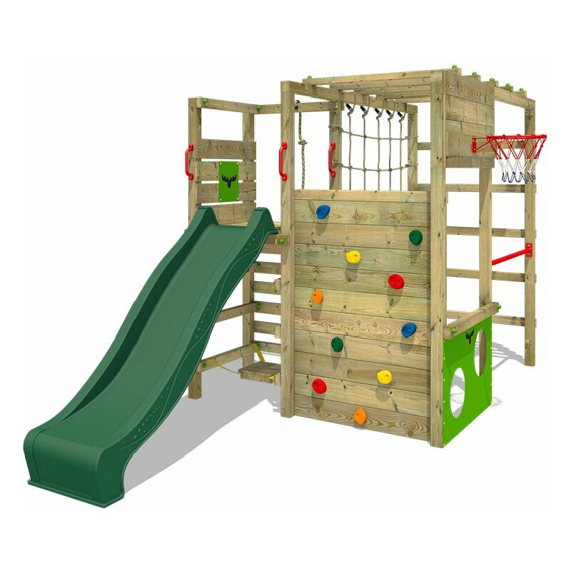 

Parque infantil de madera ActionArena con tobogán verde área de juegos da exterior, pared de escalada Sueco con pared de escalada para niños