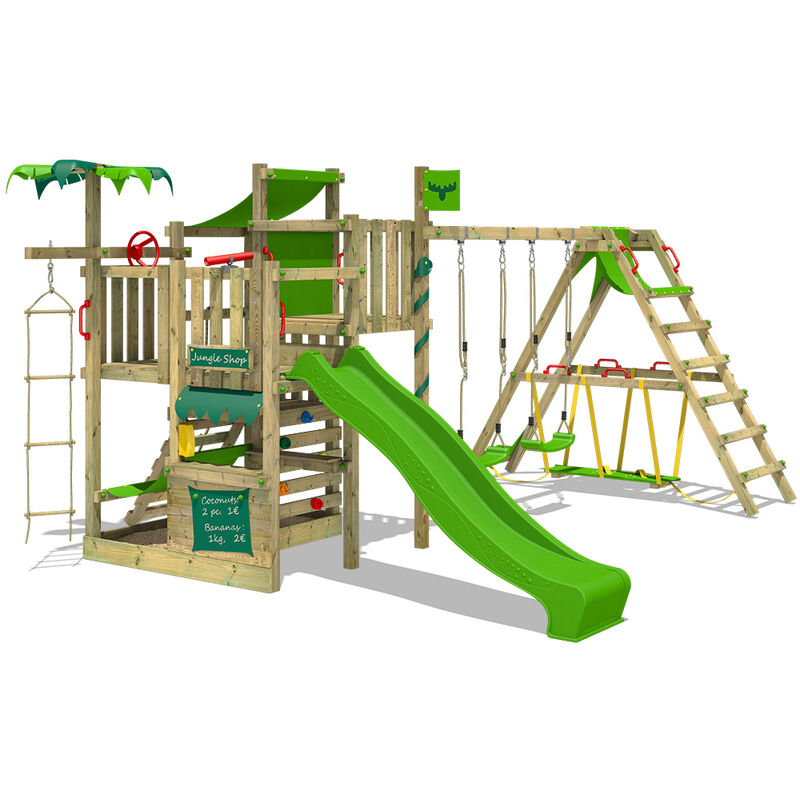 

Parque infantil de madera CrazyCoconut con columpio SurfSwing y tobogán manzana verde Área de juegos da exterior, pared de escalada Sueco con arenero