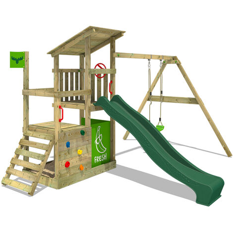 FATMOOSE Parque infantil de madera FruityForest con columpio y tobogán Torre de escalada de exterior con arenero y escalera para niños