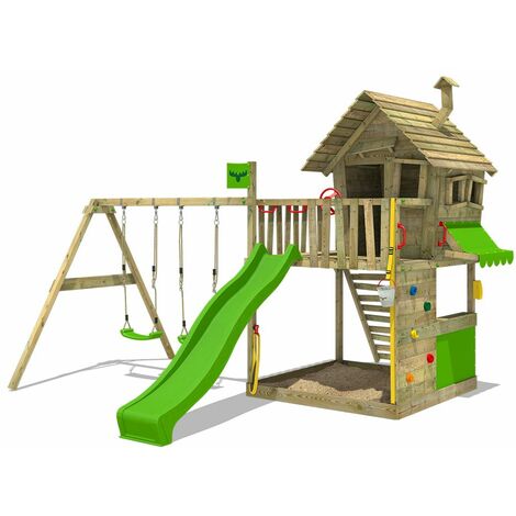 FATMOOSE Parque infantil de madera GroovyGarden con columpio y tobogán manzana verde Casa de juegos de jardín con arenero y escalera para niños