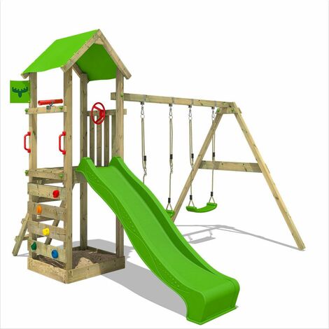 FATMOOSE Parque infantil de madera KiwiKey con columpio y tobogán Torre de escalada de exterior con arenero y escalera para niños - verde manzana