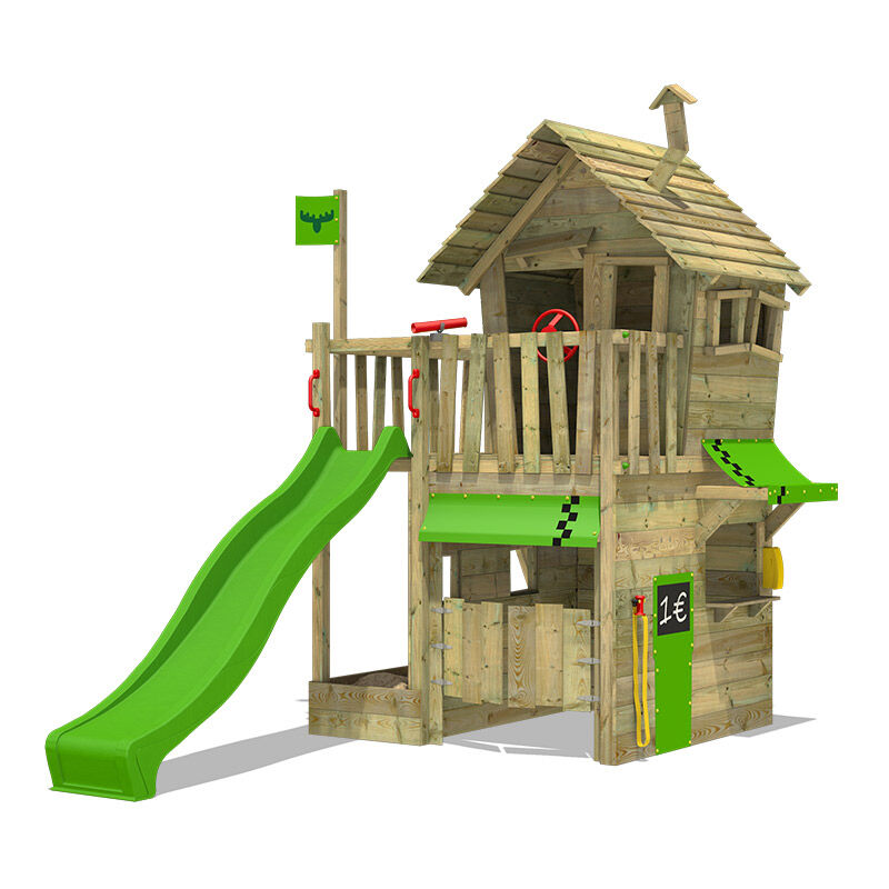 

Parque infantil de madera RebelRacer con tobogán manzana verde Casa de juegos de jardín con arenero y escalera para niños - Fatmoose