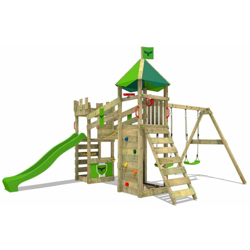 

Fatmoose - Parque infantil de madera RiverRun con columpio y tobogán manzana verde Casa de juegos de jardín con arenero y escalera para niños