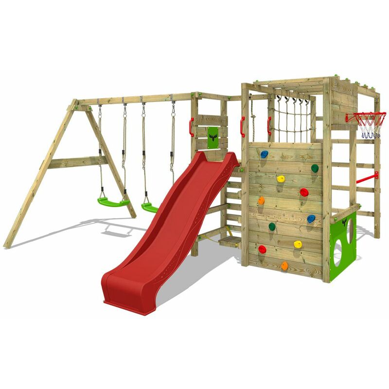 FATMOOSE Aire de jeux Portique bois ActionArena avec balançoire et toboggan rouge Échafaudage grimpant avec mur d'escalade & accessoires de jeux