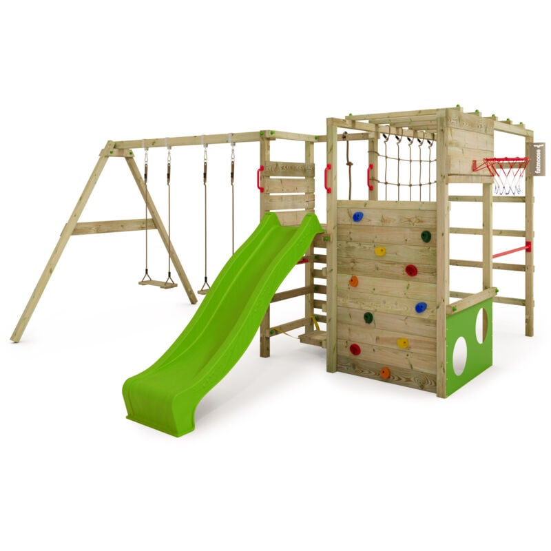 Aire de jeux Portique bois ActionArena avec balançoire et toboggan vert Échafaudage grimpant avec mur d'escalade & accessoires de jeux - pommevert