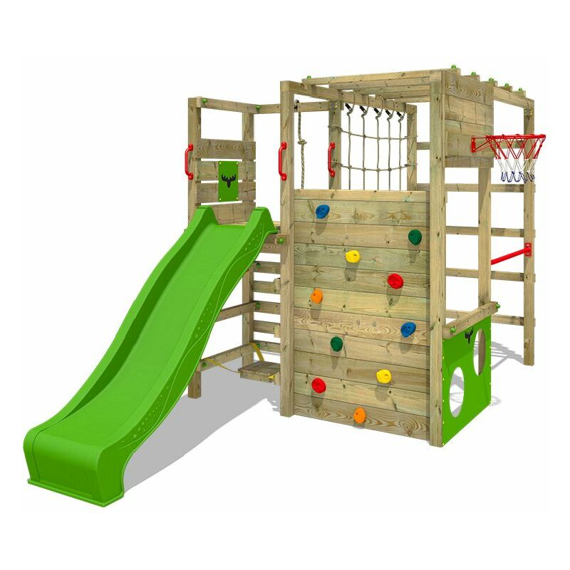 Fatmoose - Aire de jeux Portique bois ActionArena avec toboggan vert pomme Échafaudage grimpant avec mur d'escalade & accessoires de jeux
