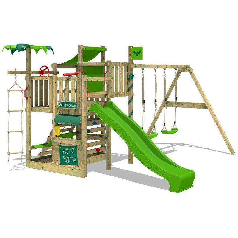 Aire de jeux Portique bois CrazyCoconut avec balançoire et toboggan vert pomme Échafaudage grimpant avec bac à sable, mur d'escalade & accessoires de