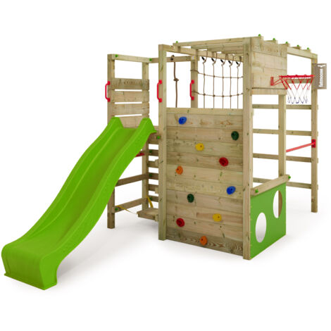 Fatmoose – Structure d escalade en bois avec toboggan aquatique 220 cm – Mur d escalade et barre fixe – Pour enfants jusqu à 120 cm