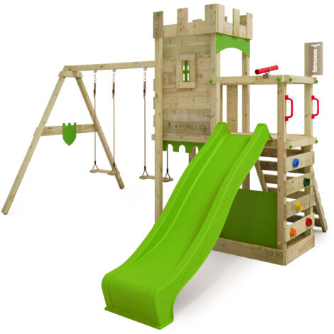 Fatmoose – Tour d escalade château avec balançoire double – Toboggan 220 cm avec raccord d eau – Bois massif traité – Hauteur plateforme 120 cm
