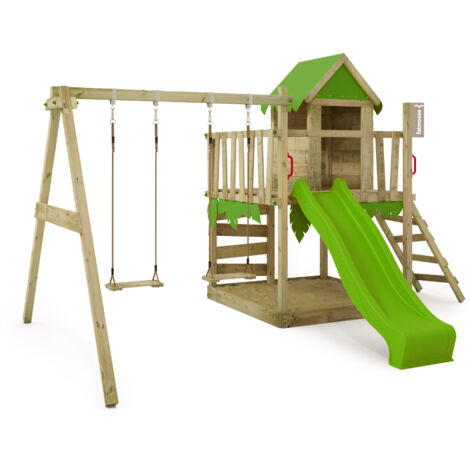 Fatmoose – Tour de jeu en bois avec balançoire et toboggan 220 cm – Bac à sable intégré – Résistant aux intempéries – Pour enfants jusqu'à 50 kg