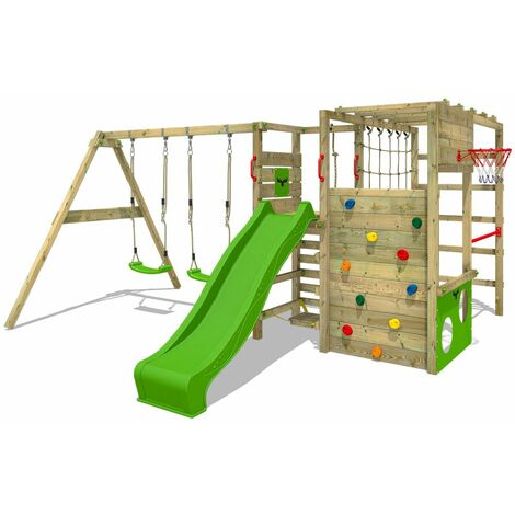 main image of "FATMOOSE Wooden climbing frame ActionArena with swing set and apple green slide, Garden playhouse with climbing wall & play-accessories"
