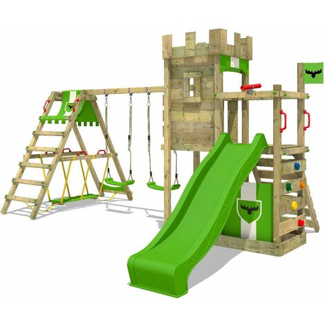 main image of "FATMOOSE Wooden climbing frame BoldBaron with swing set SurfSwing and apple green slide, Knight's playhouse with sandpit, climbing ladder & play-accessories"