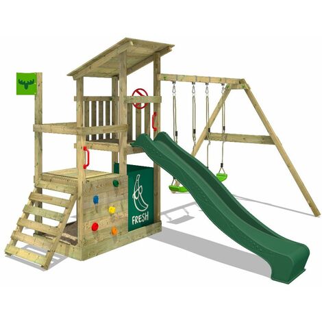 main image of "FATMOOSE Wooden climbing frame FruityForest with swing set and green slide, Garden playhouse with sandpit, climbing ladder & play-accessories"