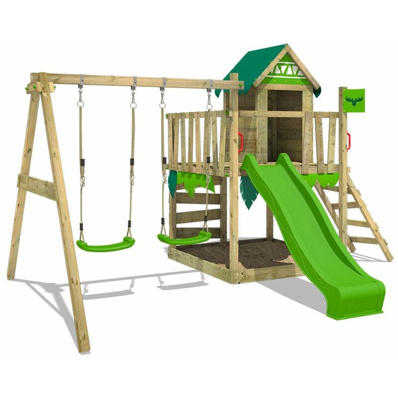 Fatmoose - Wooden climbing frame JazzyJungle with swing set and slide, Playhouse on stilts for kids with sandpit, climbing ladder & play-accessories