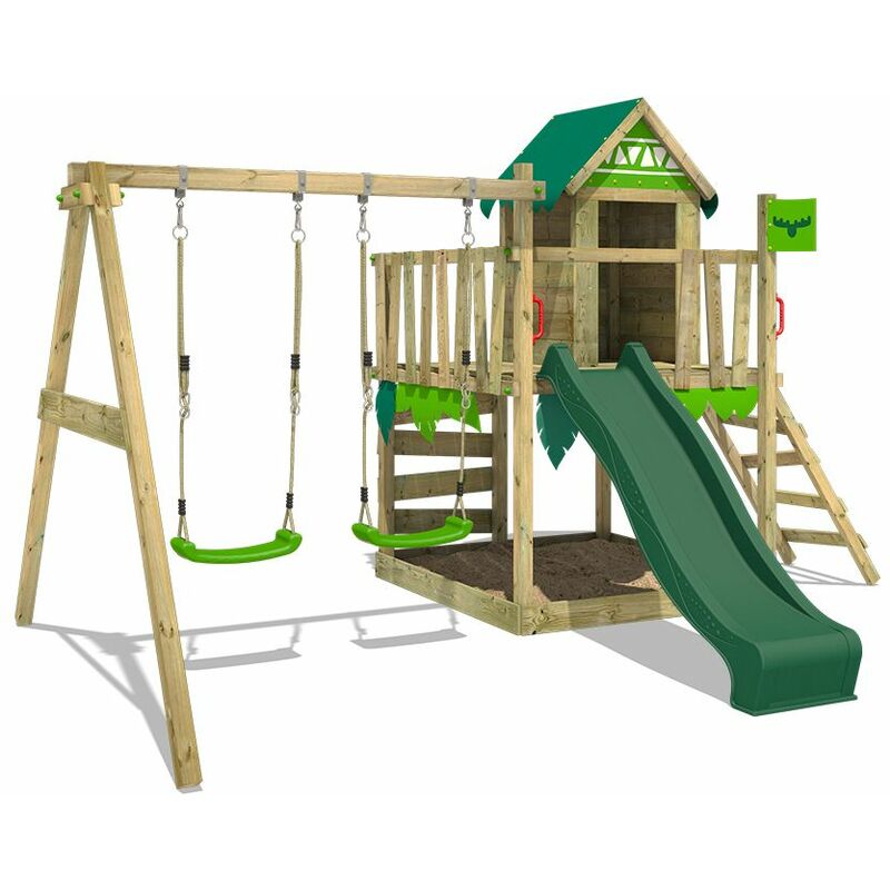 Wooden climbing frame JazzyJungle with swing set and slide, Playhouse on stilts for kids with sandpit, climbing ladder & play-accessories - green