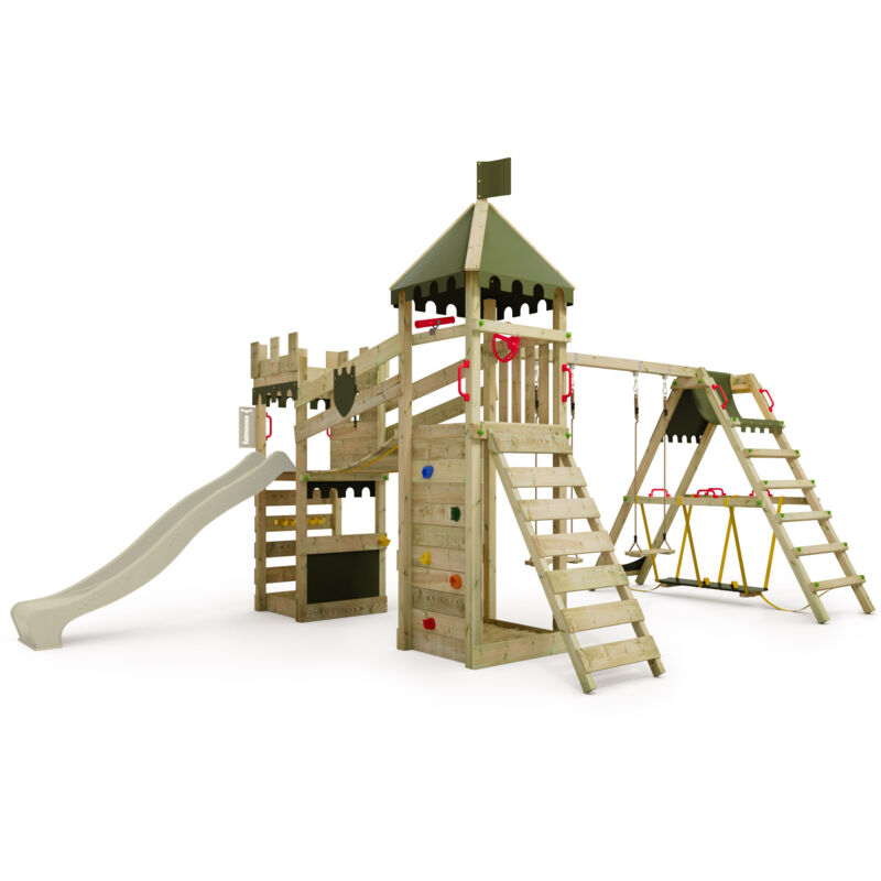 Fatmoose Riverrun Royal Wooden Play Tower With Surf Extension And Slide In Sage Green