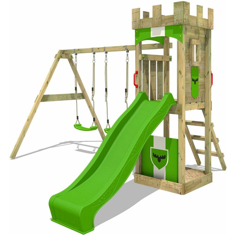 Wooden climbing frame TreasureTower with swing set and slide, Garden playhouse with sandpit, climbing ladder & play-accessories - apple green