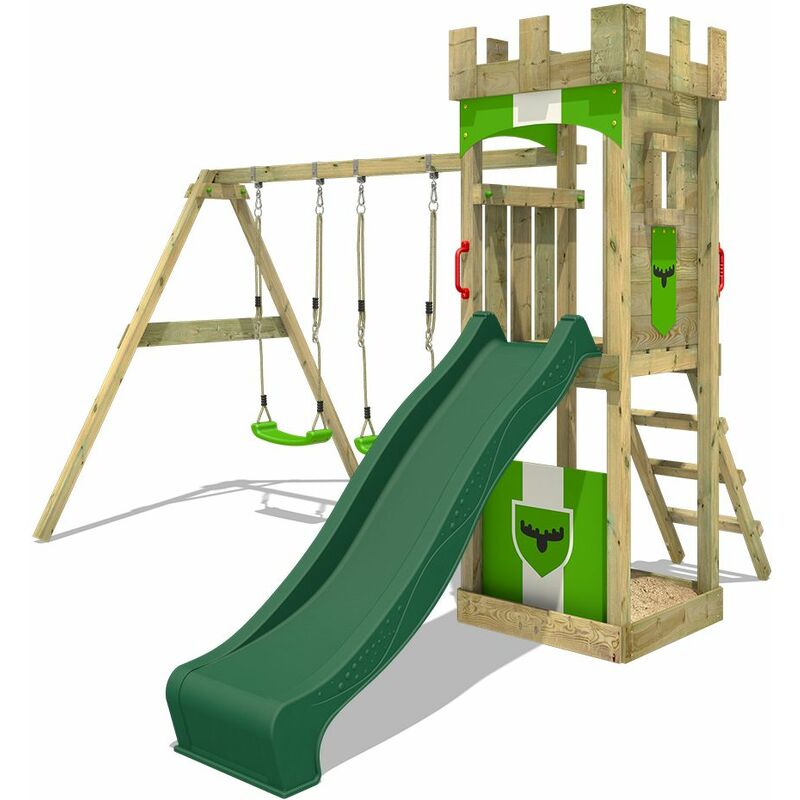 Fatmoose - Wooden climbing frame TreasureTower with swing set and slide, Garden playhouse with sandpit, climbing ladder & play-accessories - green